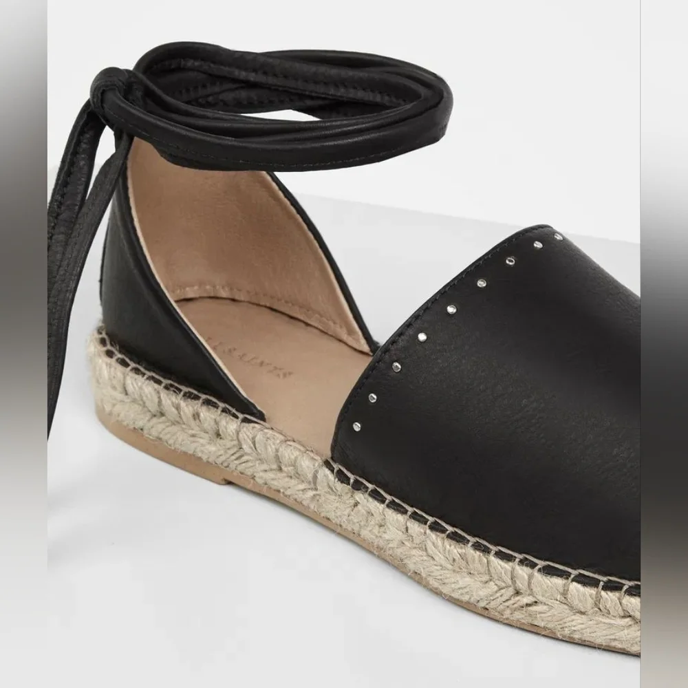 All Saints Black Leather Espadrille Ankle Tie Flats